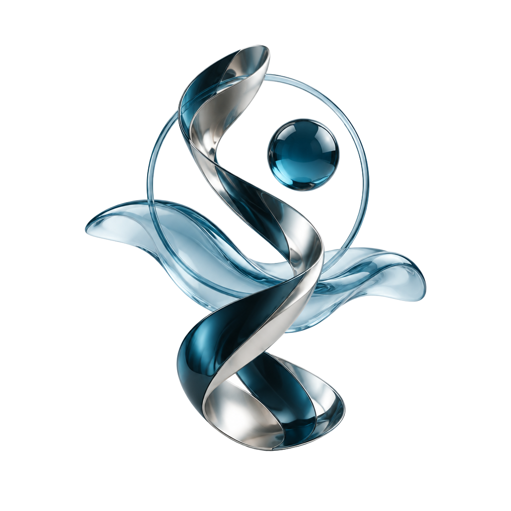 Composição abstrata 3D em azul petróleo e cromo, símbolo da visão de design da ClapStock